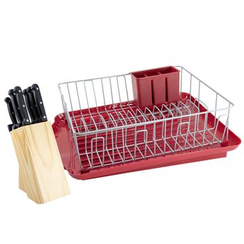 Set Escurridor/Cuchillos Farberware de 12 piezas Color Rojo Hechos de Acero y Madera