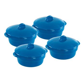 Set de Ramekins Hechos de Cerámica 4 Piezas Con Tapa Color Azul