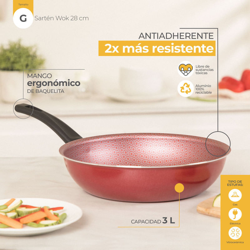 Sartén Wok Antiadherente Rojo Con Tapa 28 Cm