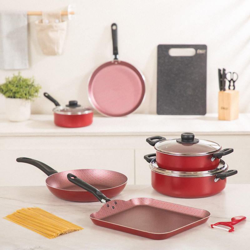 Sartén Wok Antiadherente Rojo Con Tapa 28 Cm