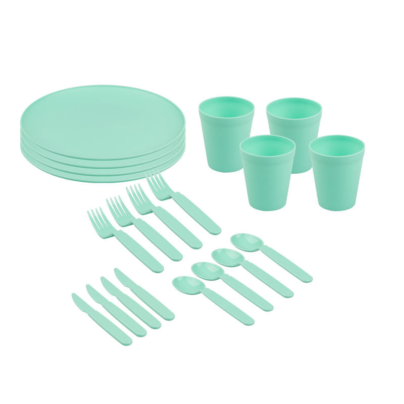 Vajilla desechable de plástico con platos y cubiertos para picnic