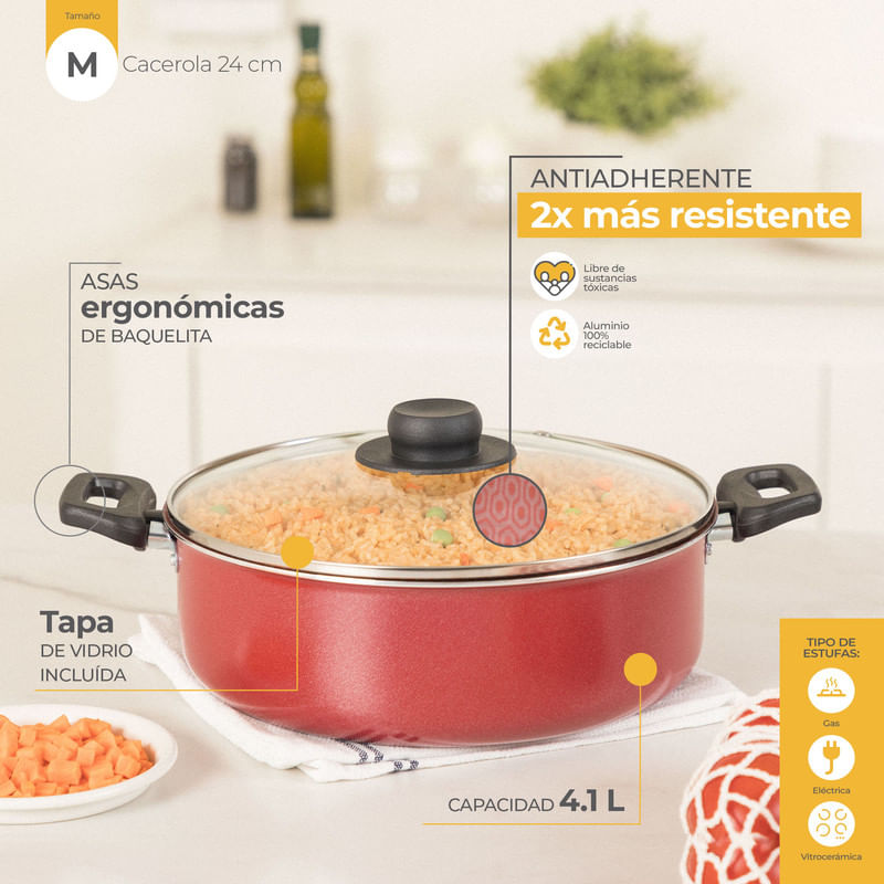 Olla antiadherente con tapa de 24cm, rojo