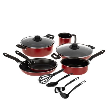 Batería de Cocina con Antiadherente Ekco 12 Piezas de Aluminio con Utensilios - Rojo