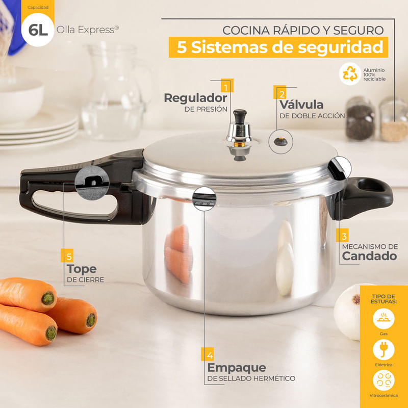 Olla Premier de Presión Express EKCO Hecha de Aluminio con 5 Sistemas de  seguridad ¡Cocina más Rápido y Saludable!, 6 Litros
