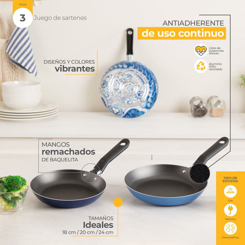 Juego De Utensilios De Cocina Antiadherentes De 3 Piezas, Juego De Ollas Y  Sartenes Con Mangos