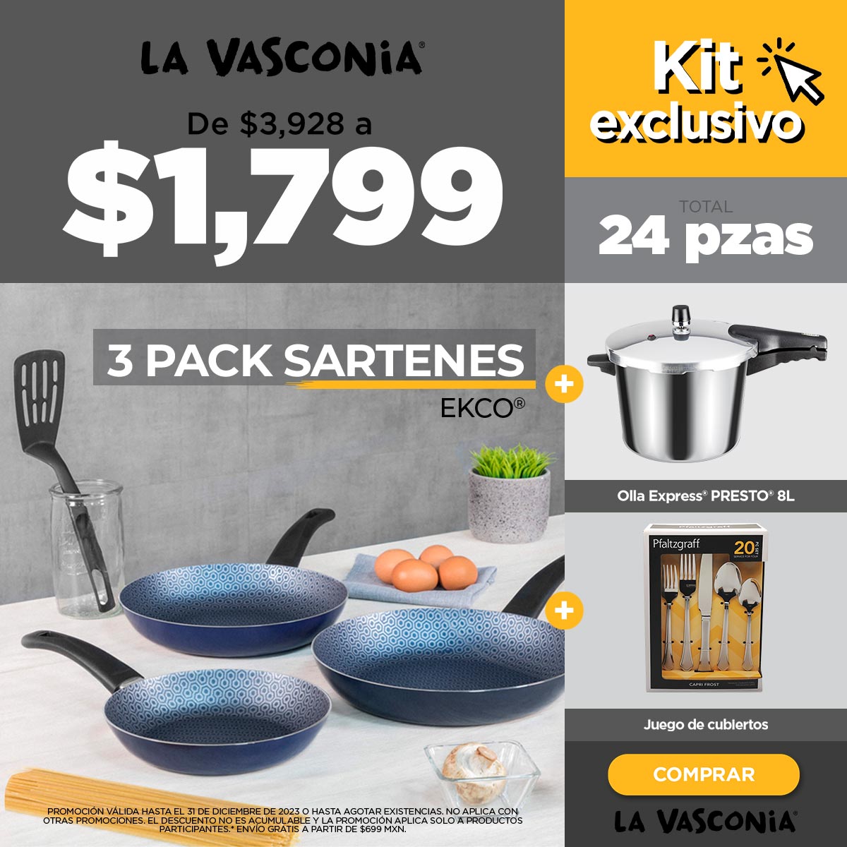 Kit de Cocina con Olla Express Presto 8 L + Sartenes Ekco