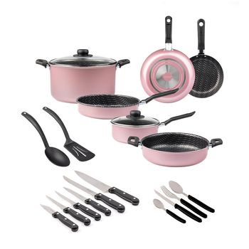 Batería de Cocina Rosa Ekco 32 Piezas con Antiadherente