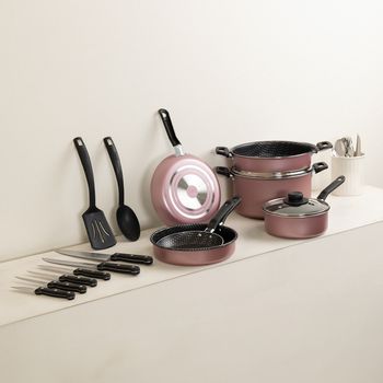 Batería de Cocina Rosa Ekco 32 Piezas con Antiadherente