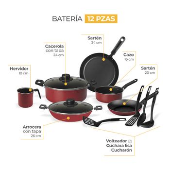 Batería de Cocina con Antiadherente Ekco 12 Piezas de Aluminio - Rojo