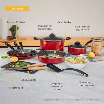 Batería de Cocina con Antiadherente Ekco 15 Piezas de Aluminio - Rojo