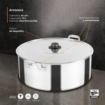 Arrocera Vasconia Pro con Asas Remachadas 100% Aluminio Pulido 22 L