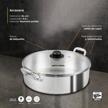 Arrocera Vasconia Pro con Asas Remachadas 100% Aluminio Pulido 9.5 L
