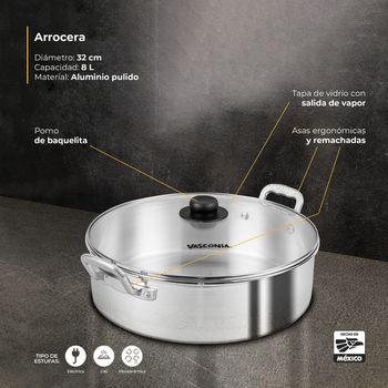 Arrocera Vasconia Pro con Asas Remachadas 100% Aluminio Pulido 8 L