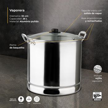 Vaporera Vasconia Pro con Tapa de Vidrio y Asas Remachadas 26 L