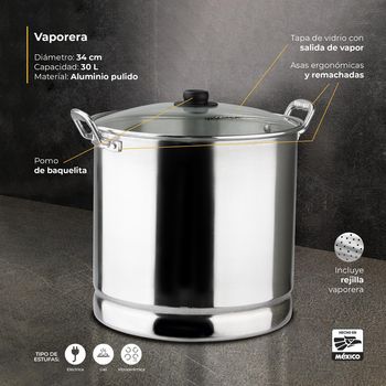 Vaporera Vasconia Pro con Tapa de Vidrio y Asas Remachadas 30 L