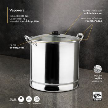 Vaporera Vasconia Pro con Tapa de Vidrio y Asas Remachadas 16 L