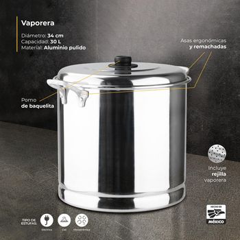 Vaporera Vasconia Pro con Tapa de Aluminio y Asas Remachadas 30 L