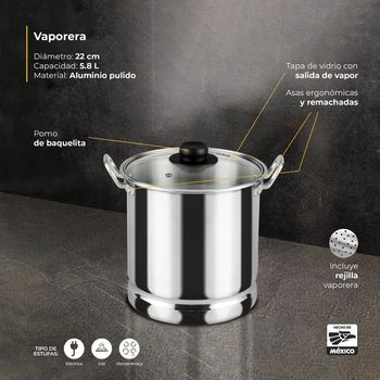 Vaporera Vasconia Pro con Tapa de Vidrio y Asas Remachadas 5.8 L