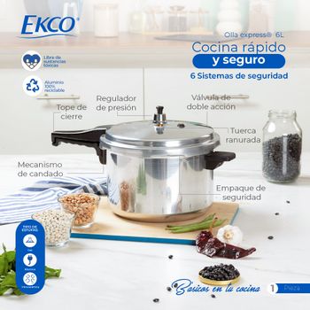 Olla Express Ekco One de Aluminio 6 Litros con 6 Sistemas de Seguridad