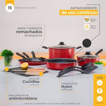 Kit Batería de Cocina Roja + Olla Express Ekco 16 Piezas