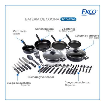 Batería de Cocina con Antiadherente Ekco 32 Piezas de Aluminio - Negro