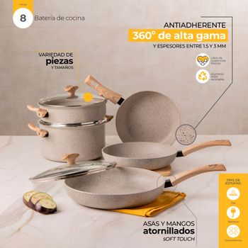 Batería de Cocina con Antiadherente Vasconia Prima 8 Piezas de Aluminio - Beige