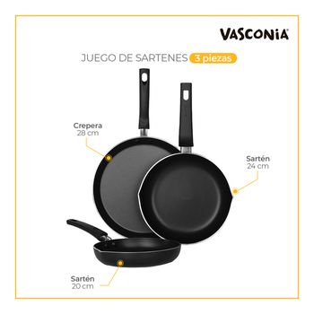 Set de Sartenes Vasconia Esencial 3 Piezas Antiadherente con Crepera – Negro