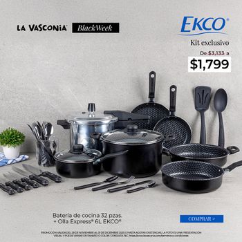 Kit Batería de Cocina 32 Piezas Ekco Color Negro más Olla Express 6 Litros
