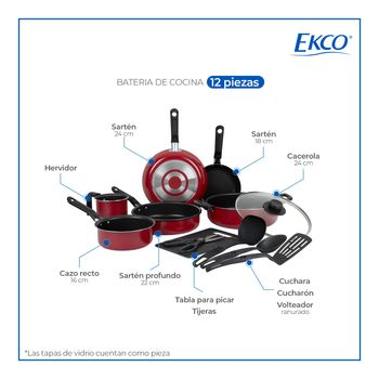 Batería de Cocina con Antiadherente Ekco Cherry 12 Piezas de Aluminio - Rojo